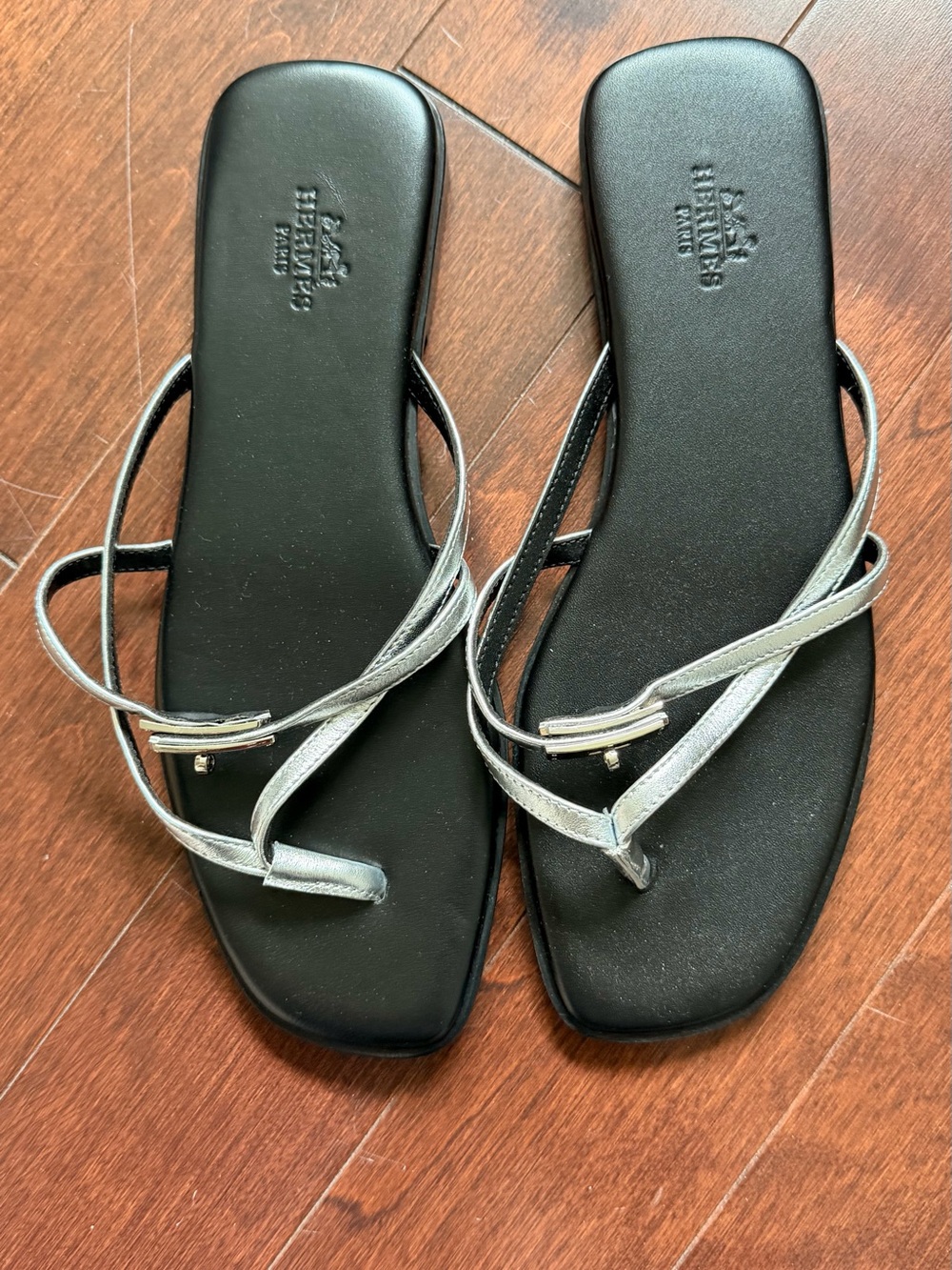 Hermes Silver Strappy Leather Sandals